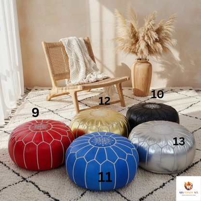Moroccan Handmade Leather Pouf – Round Neutral Footstool