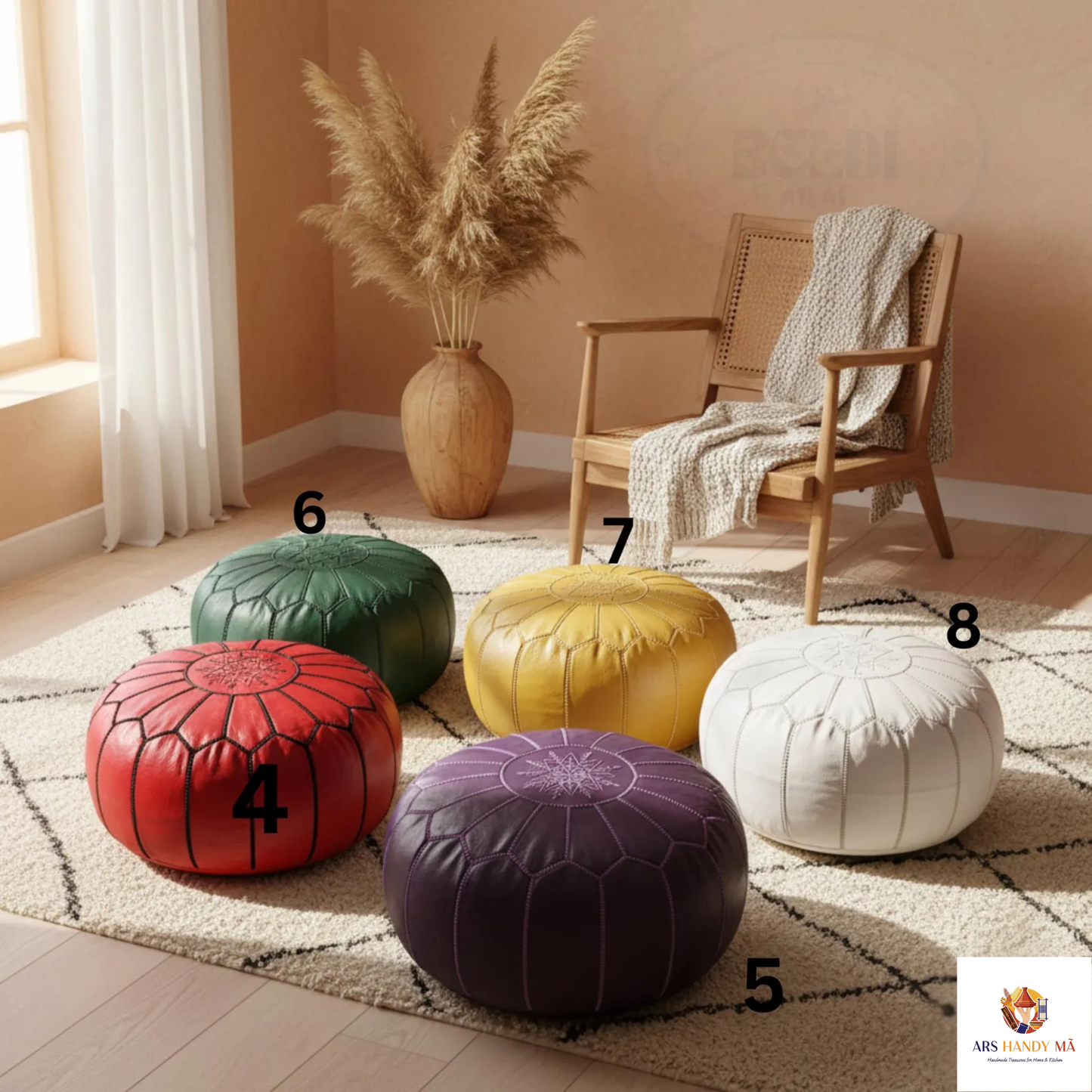 Moroccan Handmade Leather Pouf – Round Neutral Footstool