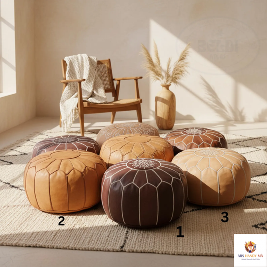 Moroccan Handmade Leather Pouf – Round Neutral Footstool