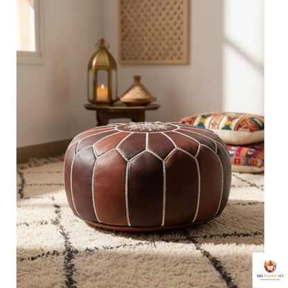 Moroccan Handmade Leather Pouf – Round Neutral Footstool