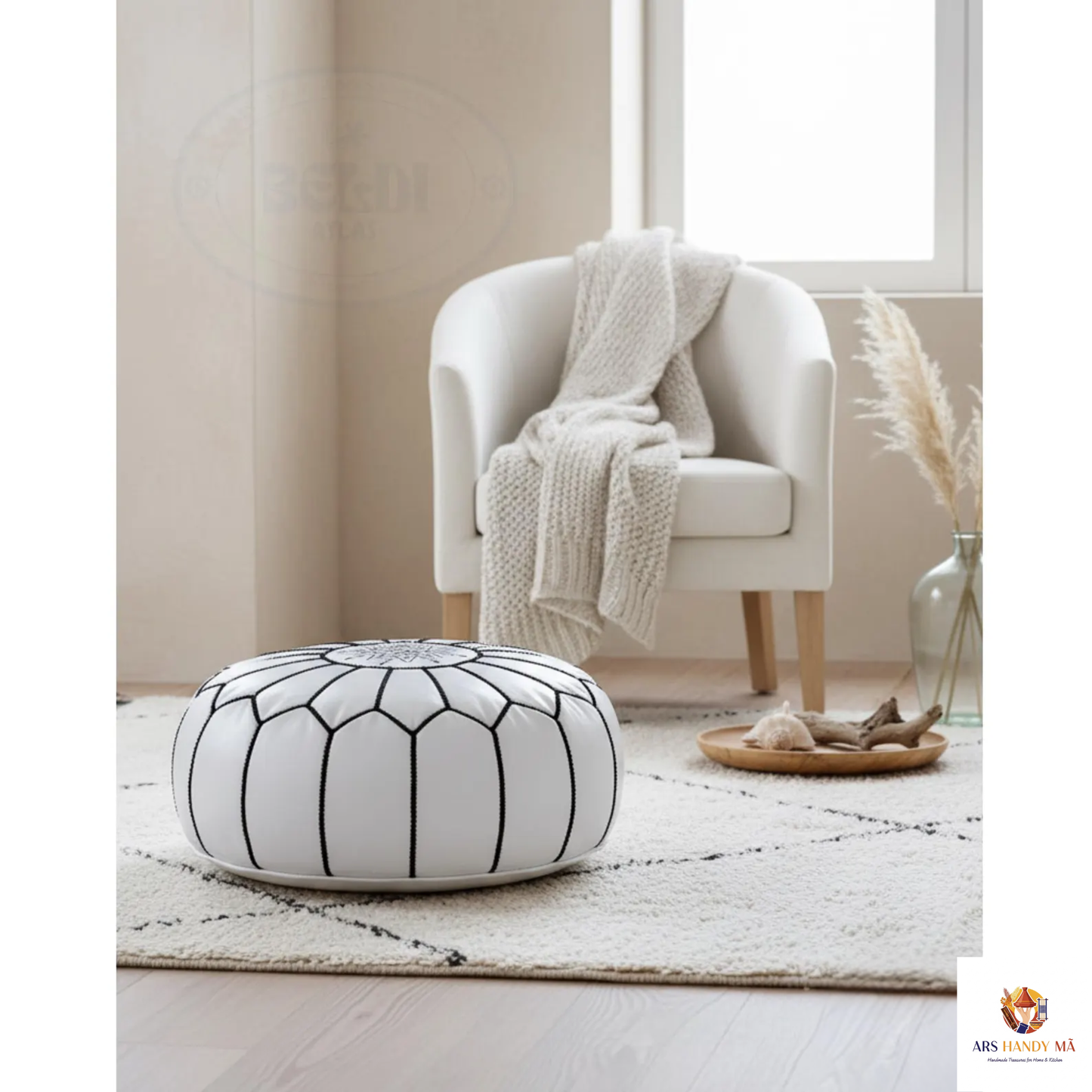 Moroccan Handmade Leather Pouf – Round Neutral Footstool