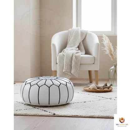 Moroccan Handmade Leather Pouf – Round Neutral Footstool