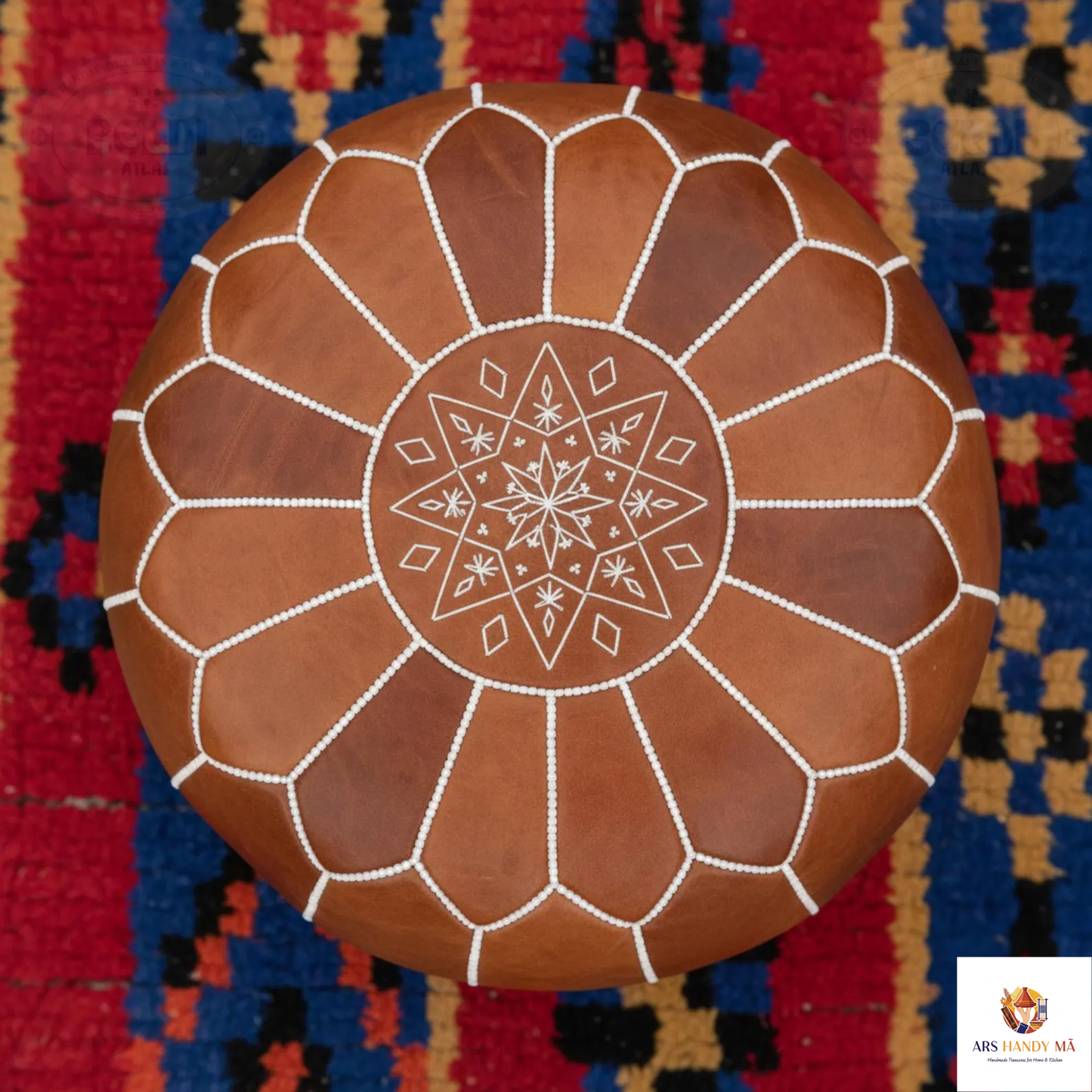 Moroccan Handmade Leather Pouf – Round Neutral Footstool