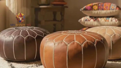 Moroccan Handmade Leather Pouf – Round Neutral Footstool